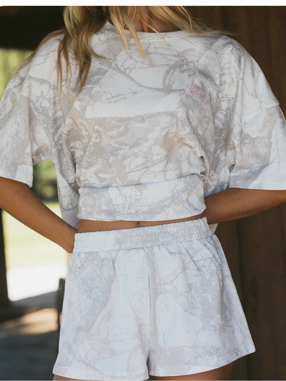 Fancy D Two-Piece Short Set in Pale Pink & Cream white camo